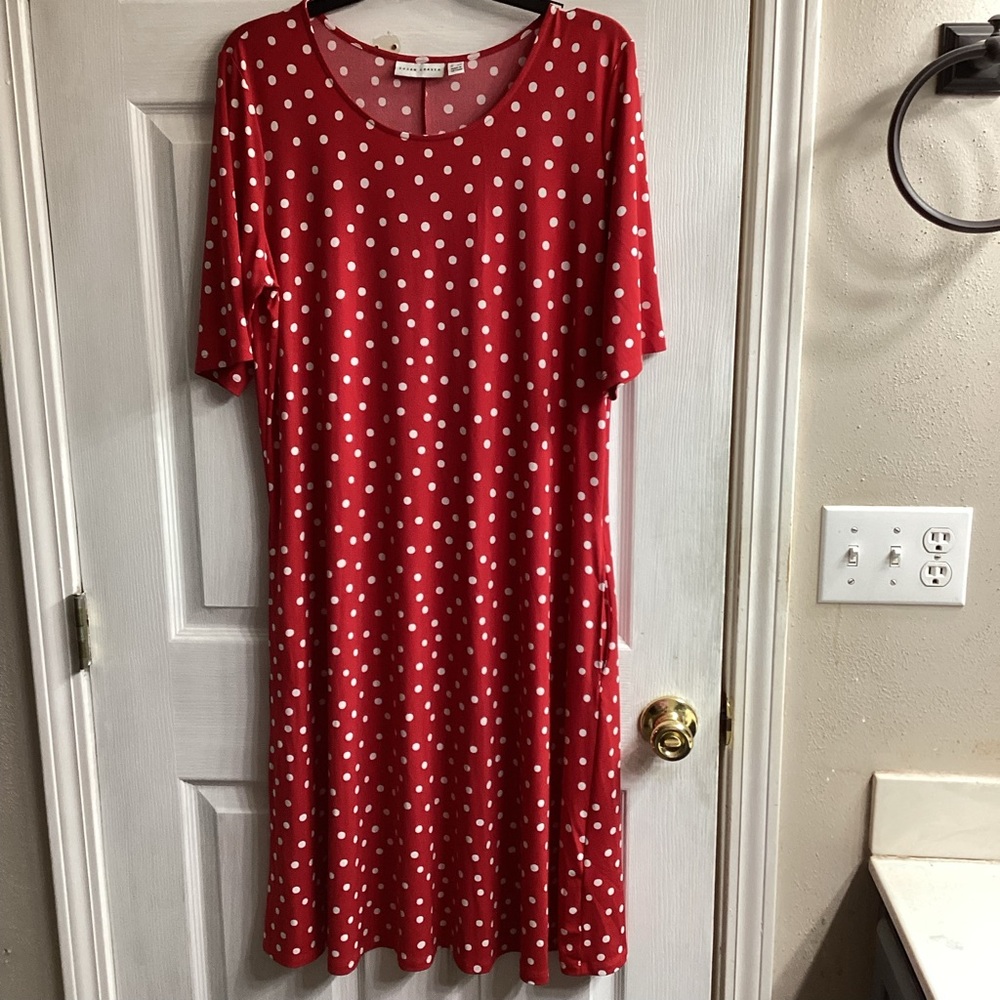 Susan Graver Printed Liquid Knit Fit & Flare Dress Large Tall Red Dot Pockets - Picture 5 of 10